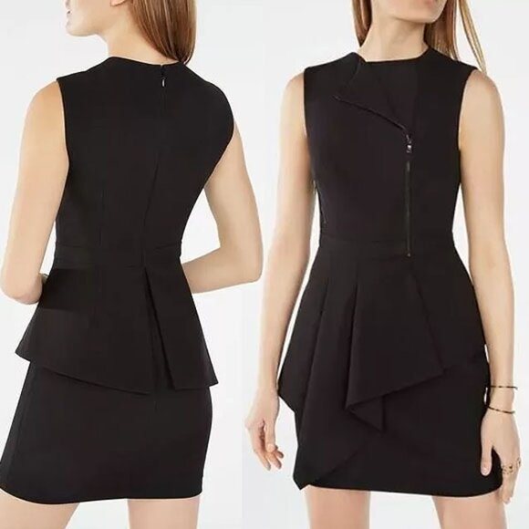 BCBGMaxAzria Black Nikki Zip Front Peplum Mini Dress 10 Stretchy Ponte Y2K $298 - Picture 2 of 14